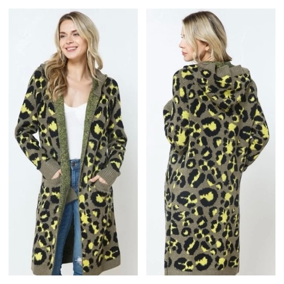 Cozy Casual Sweaters - Cozy Casual Cheetah Print Duster Cardigan Sweater‎ w/ Hood,  Grn/Blk, Sz 2X-3X